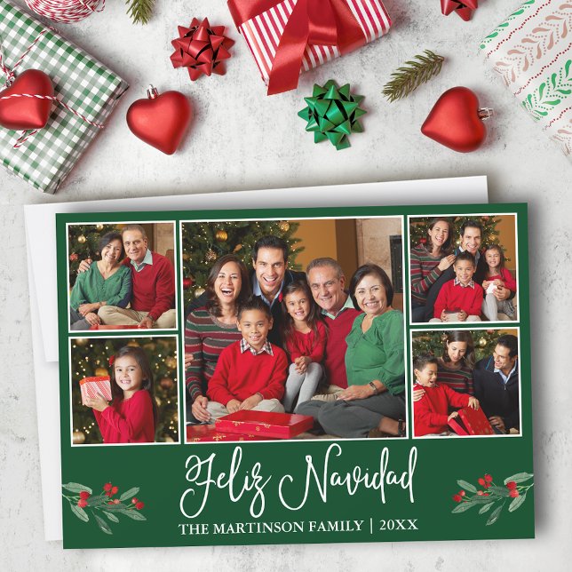 Cartes Pour Fêtes Annuelles Calligraphie amusante 5 Photo Green Feliz Navidad (Customize to add text to back of card.)