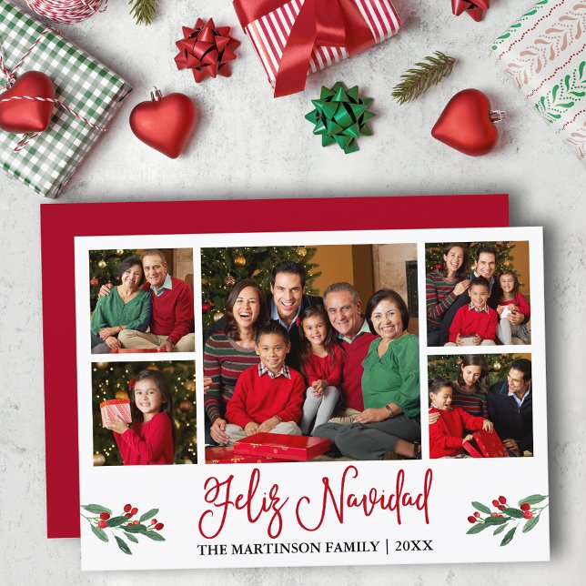 Cartes Pour Fêtes Annuelles Calligraphie amusante 5 Photo Rouge Feliz Navidad (Customize to add text to back of card.)