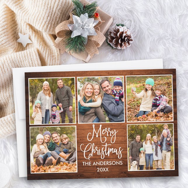 Cartes Pour Fêtes Annuelles Calligraphie amusante Bois rustique 5 Photo Noël (Customize to add text to back of card.)