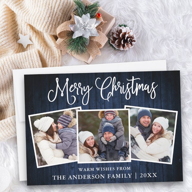 Cartes Pour Fêtes Annuelles Calligraphie amusante Noël Bleu Bois 3 Photo (Customize to add text to back of card.)