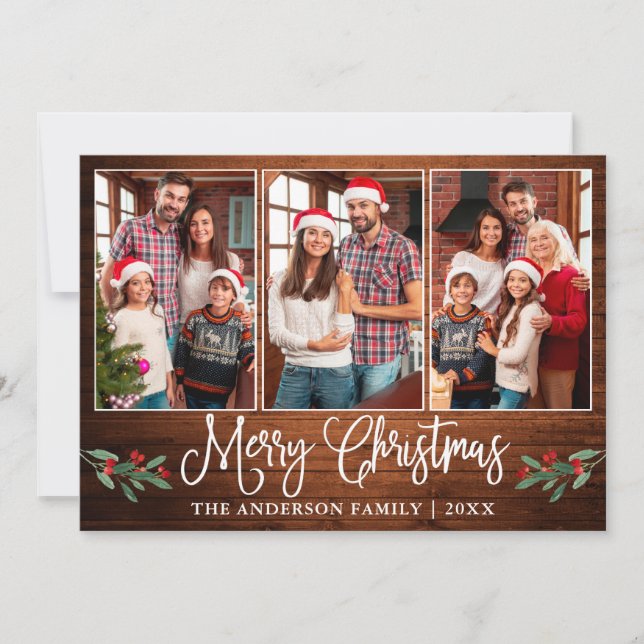 Cartes Pour Fêtes Annuelles Calligraphie amusante Noël Holly Rustic Photo en b (Devant)