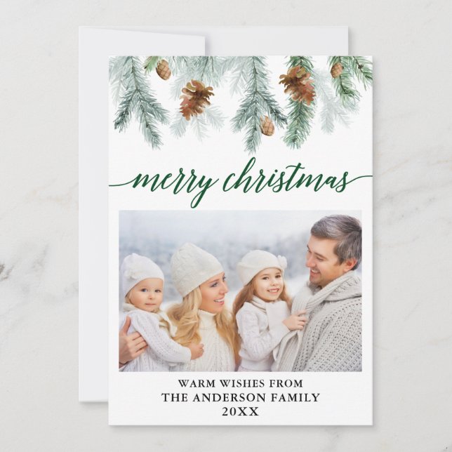 Cartes Pour Fêtes Annuelles Calligraphie Aquarelle Pine Cônes Vert Noël (Devant)