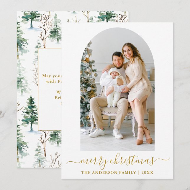 Cartes Pour Fêtes Annuelles Calligraphie Aquarelle Pines Photo Arche Or (Devant / Derrière)