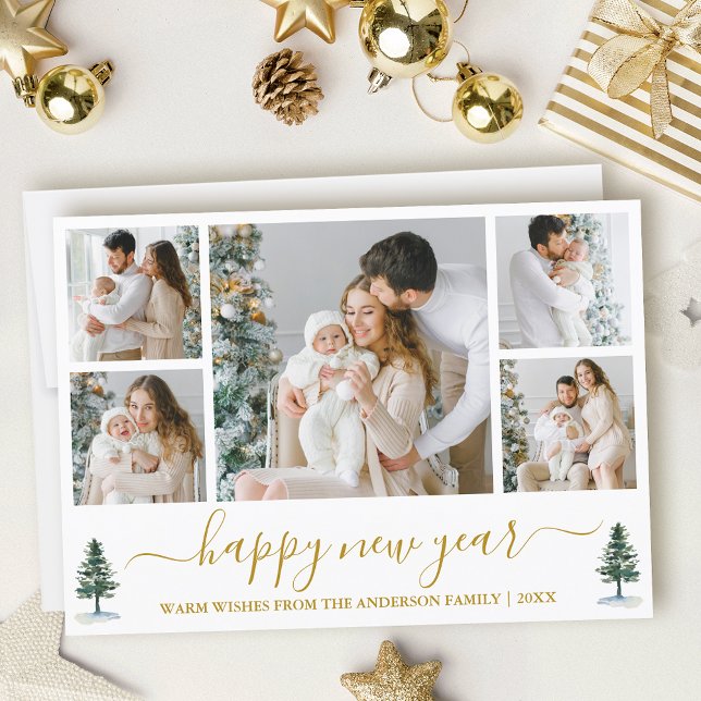 Cartes Pour Fêtes Annuelles Calligraphie Aquarelle Pins Nouvel An Or (Customize to add text to back of card.)