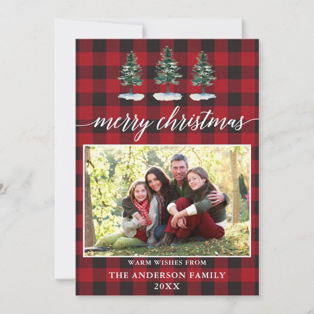 Cartes Pour Fêtes Annuelles Calligraphie Aquarelle Pins Plaid Photo Noël (Devant)