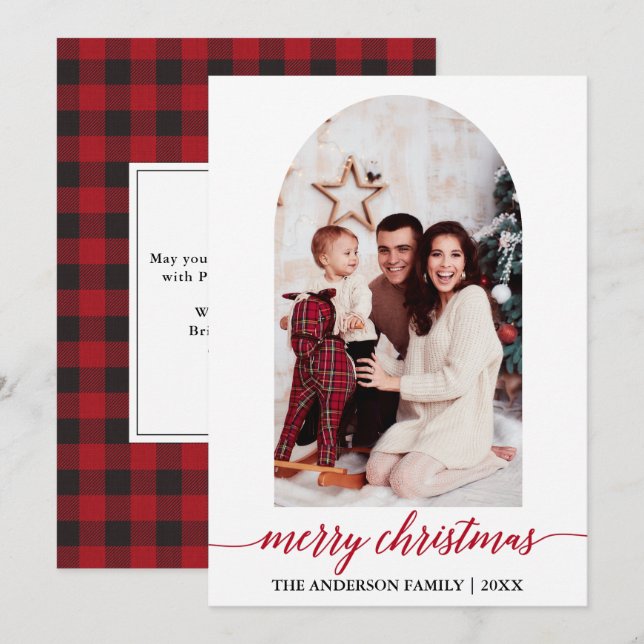 Cartes Pour Fêtes Annuelles Calligraphie Arche photo Rouge Plaid Noël (Devant / Derrière)