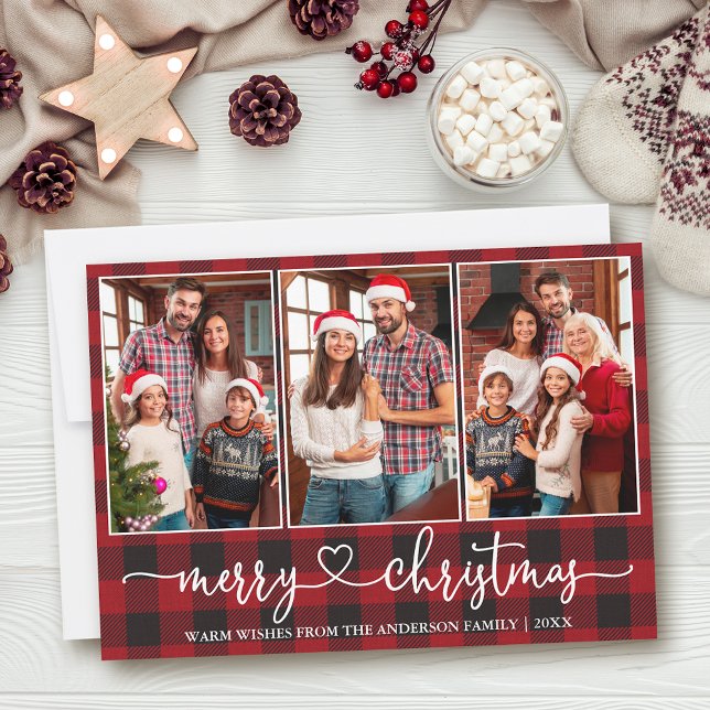 Cartes Pour Fêtes Annuelles Calligraphie Coeur 3 Photo Rouge Plaid Noël (Customize to add text to back of card.)