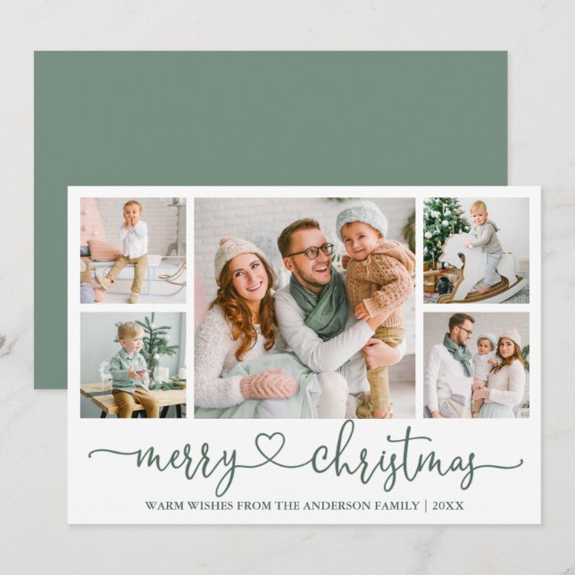 Cartes Pour Fêtes Annuelles Calligraphie Coeur 5 Photo Christmas Sage Green (Devant / Derrière)