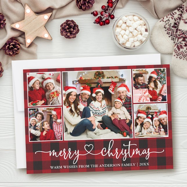 Cartes Pour Fêtes Annuelles Calligraphie Coeur 5 Photo Noël Rouge Plaid (Customize to add text to back of card.)