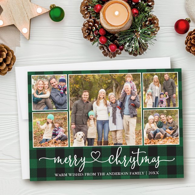 Cartes Pour Fêtes Annuelles Calligraphie Coeur 5 Photo Noël Vert Plaid (Customize to add text to back of card.)