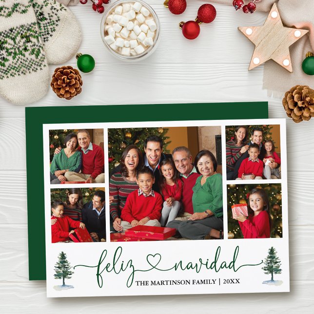 Cartes Pour Fêtes Annuelles Calligraphie Coeur Feliz Navidad 5 Photo Pine Tree (Customize to add text to back of card.)