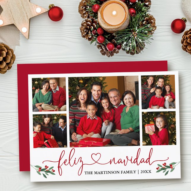 Cartes Pour Fêtes Annuelles Calligraphie Coeur Feliz Navidad Holly Rouge (Customize to add text to back of card.)