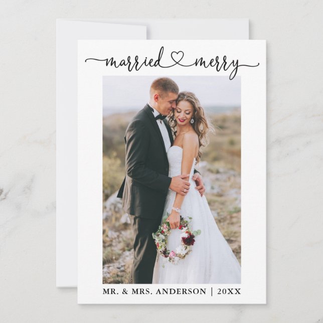 Cartes Pour Fêtes Annuelles Calligraphie Coeur marié et Joyeux Mariage Photo (Devant)
