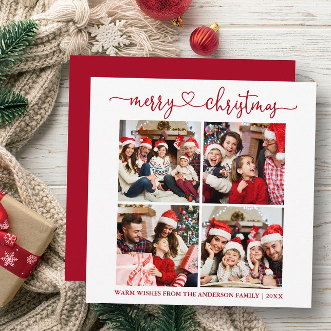 Cartes Pour Fêtes Annuelles Calligraphie Coeur Noël 4 Carré photo Rouge (Customize your change your personalized text size or text style.)