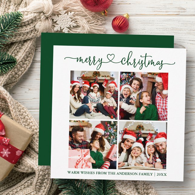 Cartes Pour Fêtes Annuelles Calligraphie Coeur Noël 4 Photo Carré vert (Customize your change your personalized text size or text style.)