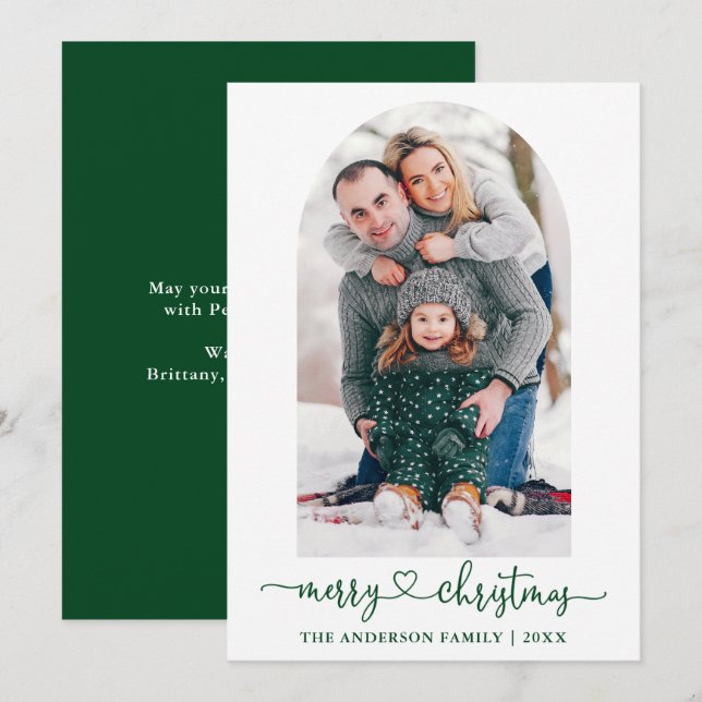 Cartes Pour Fêtes Annuelles Calligraphie Coeur Photo Arc Vert Noël (Devant / Derrière)