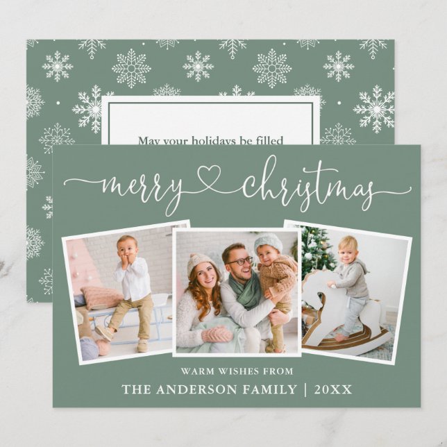 Cartes Pour Fêtes Annuelles Calligraphie Coeur Snowflakes Sage Green 3 Photo (Devant / Derrière)