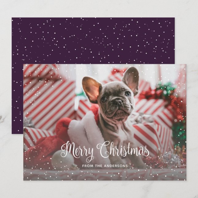 Cartes Pour Fêtes Annuelles Calligraphie de neige violet photo Joyeux Noël Car (Devant / Derrière)