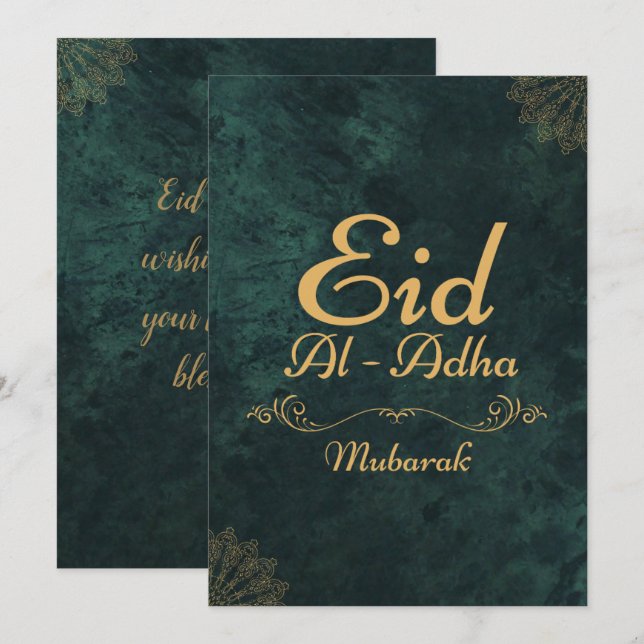 Cartes Pour Fêtes Annuelles Calligraphie dorée Eid Al-Adha Moubarak 2025 (Devant / Derrière)