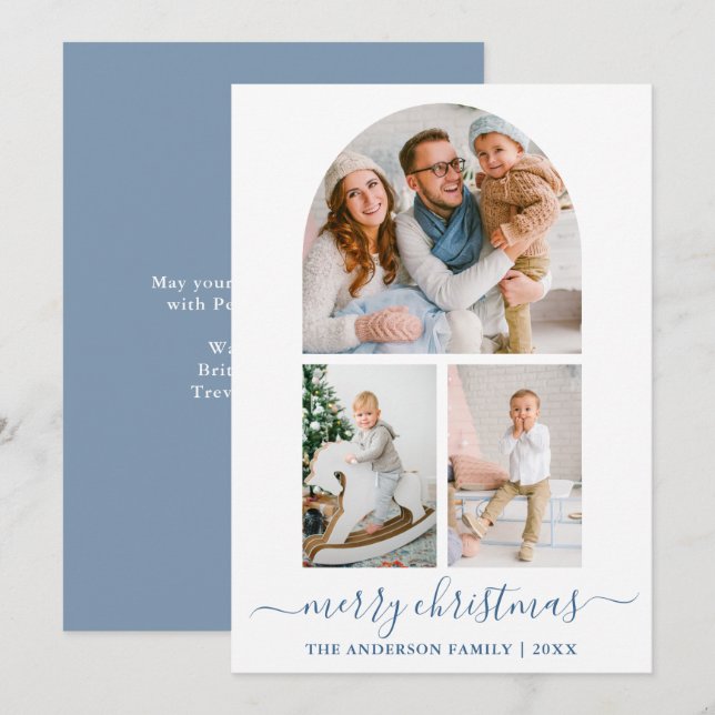 Cartes Pour Fêtes Annuelles Calligraphie Dusty Blue 3 Arche photo Noël (Devant / Derrière)