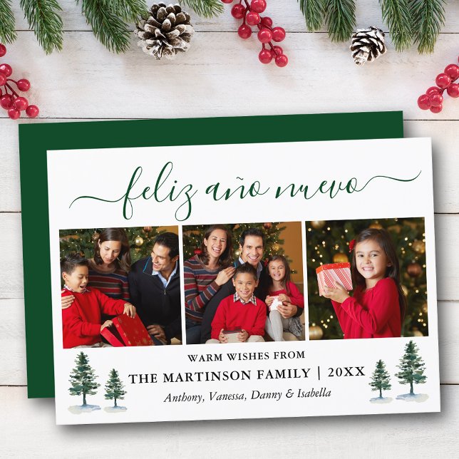 Cartes Pour Fêtes Annuelles Calligraphie Feliz Ano Nuevo Green Pines (Customize to add text to back of card.)
