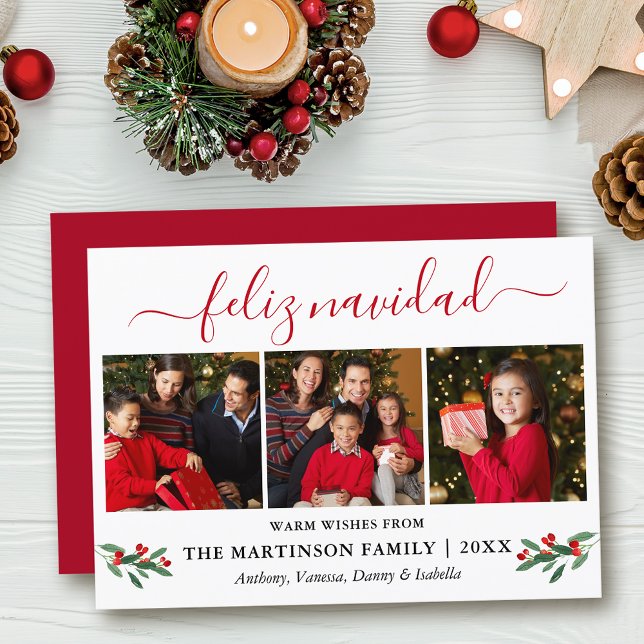 Cartes Pour Fêtes Annuelles Calligraphie Feliz Navidad 3 Photo Red Holly (Customize to add text to back of card.)