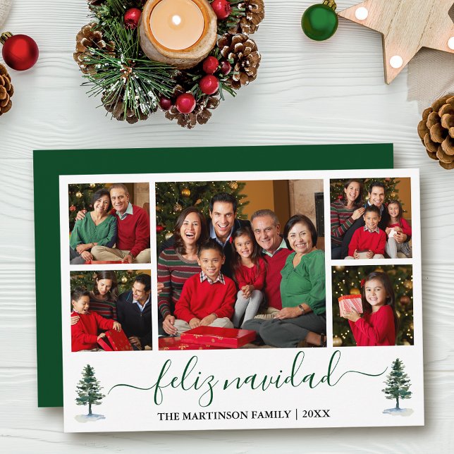 Cartes Pour Fêtes Annuelles Calligraphie Feliz Navidad 5 Photo Pins verts Arbr (Customize to add text to back of card.)