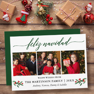 Cartes Pour Fêtes Annuelles Calligraphie Feliz Navidad Rouge Houx 3 Photo Vert