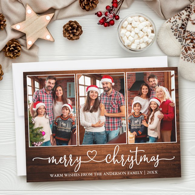 Cartes Pour Fêtes Annuelles Calligraphie Heart Wood 3 Photo Joyeux Noël (Customize to add text to back of card.)