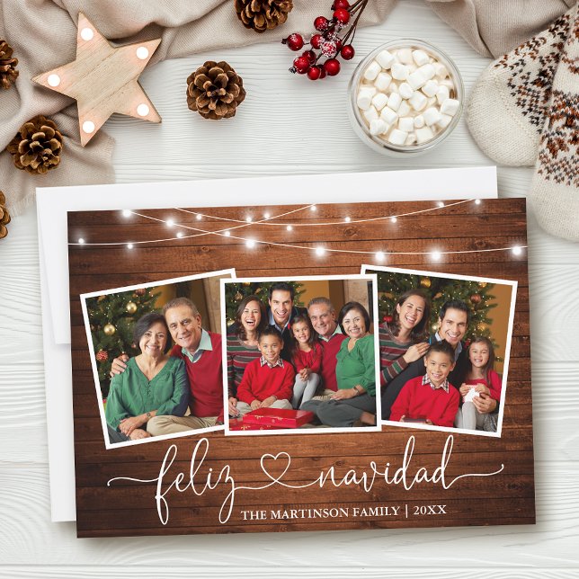 Cartes Pour Fêtes Annuelles Calligraphie Heart Wood Lights Feliz Navidad (Customize to add text to back of card.)
