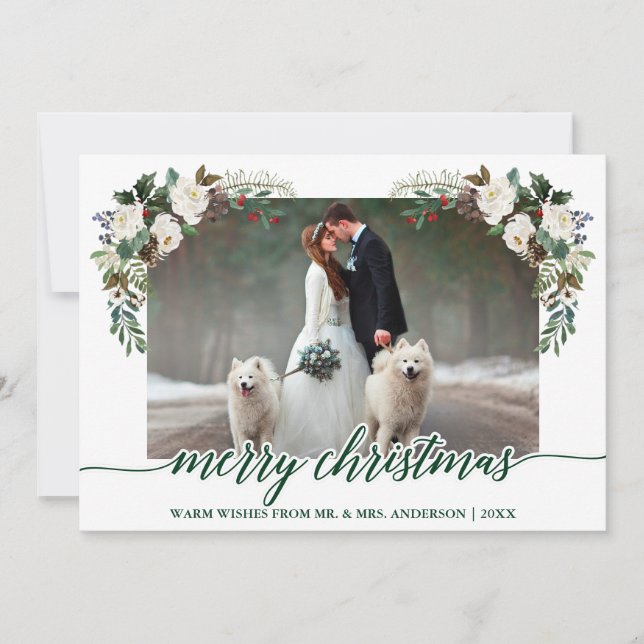 Cartes Pour Fêtes Annuelles Calligraphie Hiver Floral Vert Mariage Photo (Devant)