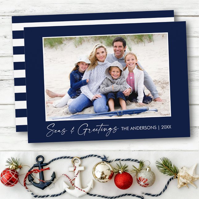Cartes Pour Fêtes Annuelles Calligraphie Ink Seas et salutations Photo Blue (Customize to change your personalized text size or text style.)