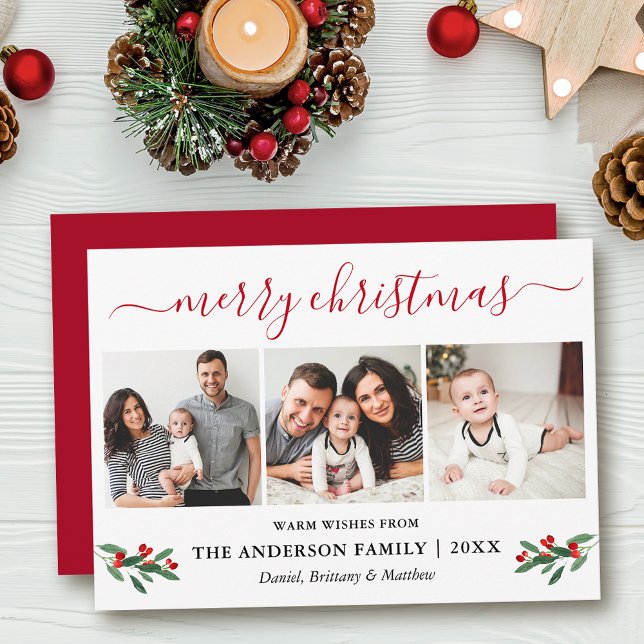 Cartes Pour Fêtes Annuelles Calligraphie Joyeux Noël 3 Photo Red Holly (Customize to add text to back of card or to change color of back of card.)