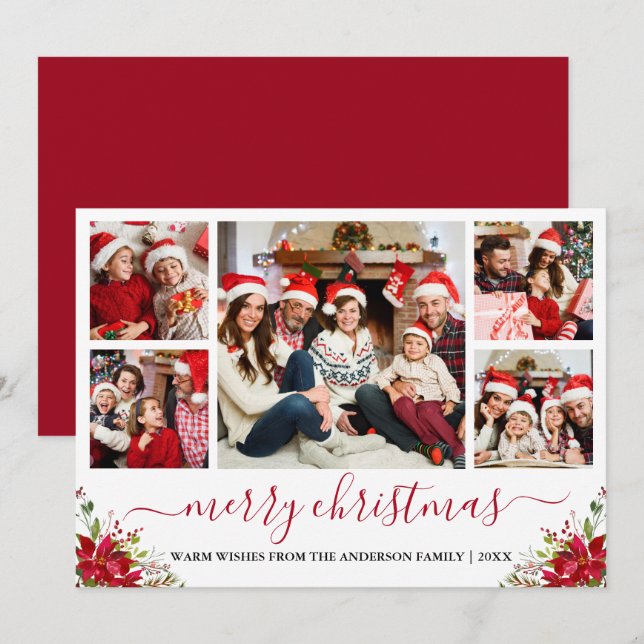 Cartes Pour Fêtes Annuelles Calligraphie Joyeux Noël 5 Photo Poinsettia (Devant / Derrière)