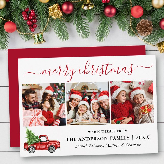 Cartes Pour Fêtes Annuelles Calligraphie Joyeux Noël Camion rouge 3 Photo (Customize to add text to back of card or to change color of back of card.)