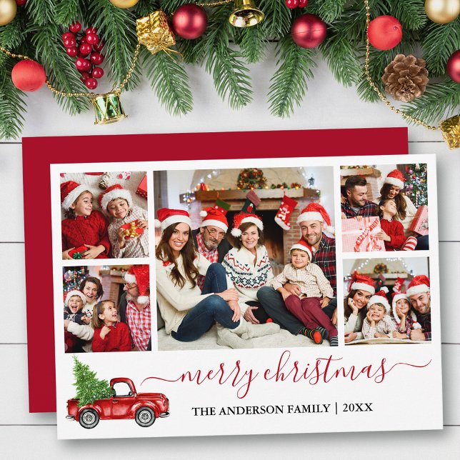 Cartes Pour Fêtes Annuelles Calligraphie Joyeux Noël Camion rouge 5 Photo (Customize to add text to back of card or to change color of back of card.)
