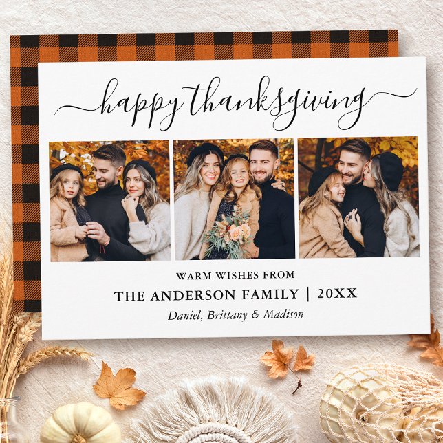 Cartes Pour Fêtes Annuelles Calligraphie moderne 3 Photo Plaid Thanksgiving (Customize to change text size or style.)