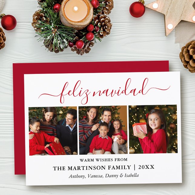 Cartes Pour Fêtes Annuelles Calligraphie moderne 3 Photo Rouge Feliz Navidad (Customize to add text to back of card.)