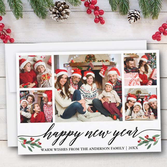 Cartes Pour Fêtes Annuelles Calligraphie moderne 5 Famille de photos Bonne ann (Customize to add text to back of card.)