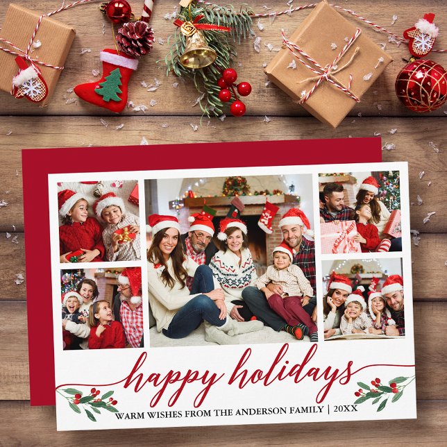 Cartes Pour Fêtes Annuelles Calligraphie moderne 5 Photo Famille Rouge (Customize to add text to back or to change color of back of card.)