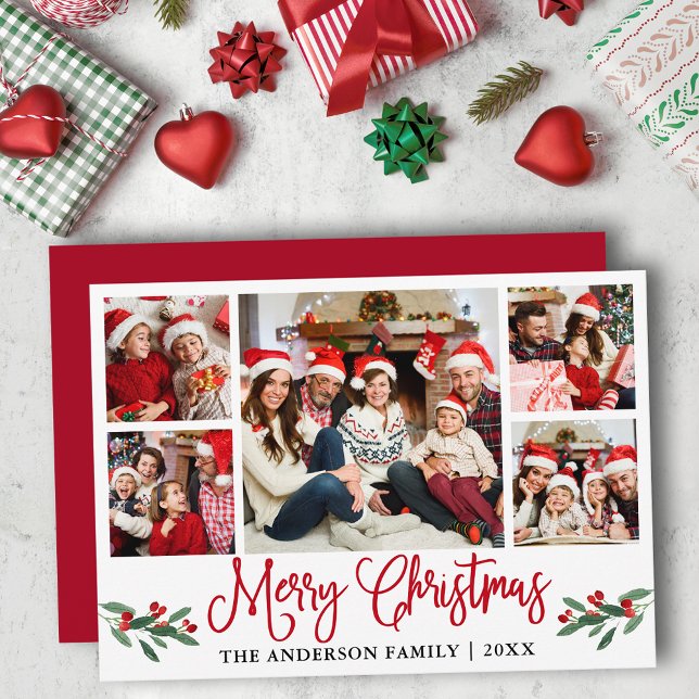 Cartes Pour Fêtes Annuelles Calligraphie moderne amusante 5 Photo Noël Rouge (Customize to add text to back or to change color of back of card.)