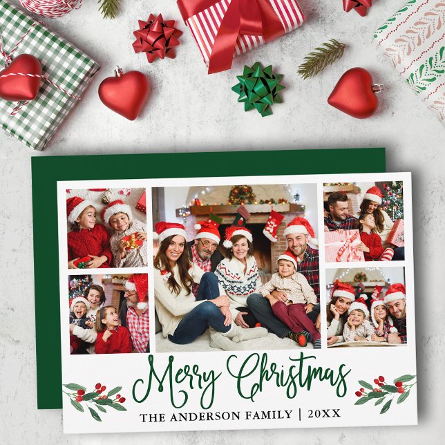 Cartes Pour Fêtes Annuelles Calligraphie moderne amusante 5 Photo Noël Vert (Customize to add text to back or to change color of back of card.)