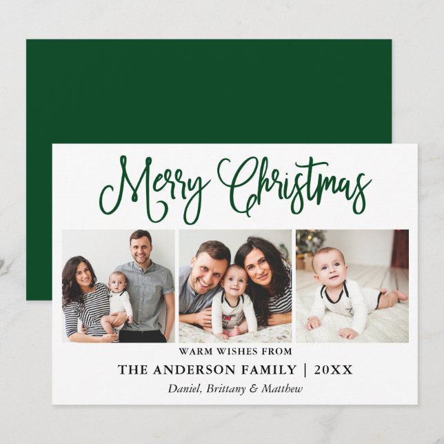 Cartes Pour Fêtes Annuelles Calligraphie moderne amusante Noël 3 Photos Vert (Devant / Derrière)