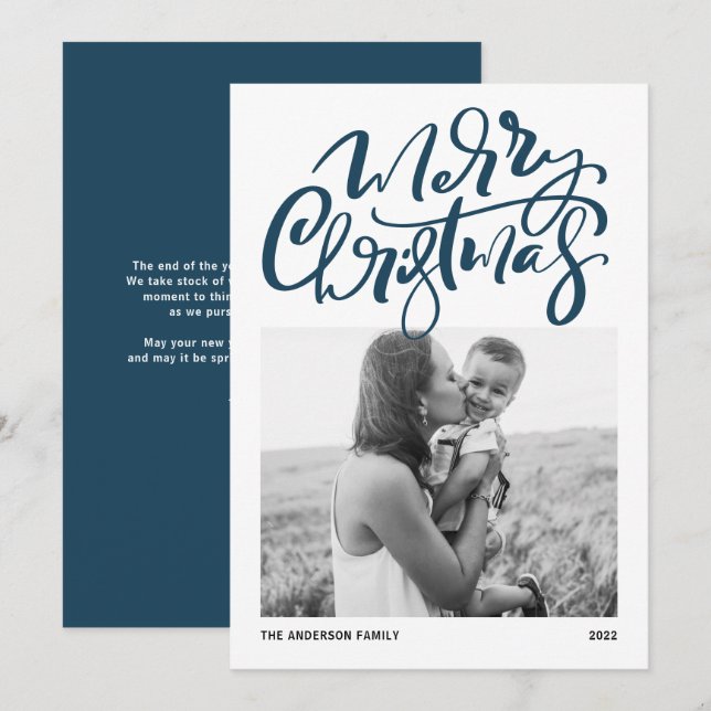 Cartes Pour Fêtes Annuelles Calligraphie moderne Blue Photo Joyeux Noël (Devant / Derrière)