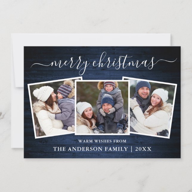 Cartes Pour Fêtes Annuelles Calligraphie moderne Bois bleu 3 Photo Noël (Devant)