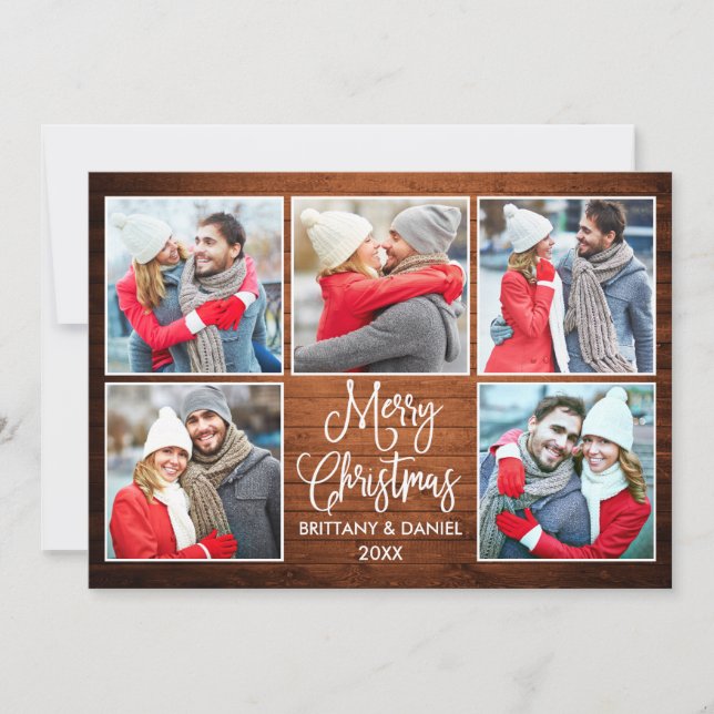 Cartes Pour Fêtes Annuelles Calligraphie moderne Couple 5 Photo Bois de Noël (Devant)