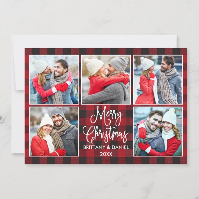 Cartes Pour Fêtes Annuelles Calligraphie moderne Couple 5 Photo Noël Plaid (Devant)