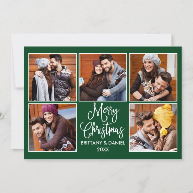 Cartes Pour Fêtes Annuelles Calligraphie moderne Couple 5 Photo Noël Vert (Devant)