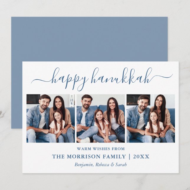 Cartes Pour Fêtes Annuelles Calligraphie moderne Dusty Blue Hanoukka 3 Photo (Devant / Derrière)