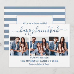 Cartes Pour Fêtes Annuelles Calligraphie moderne Hanoukka 3 Photo Bleu rayé